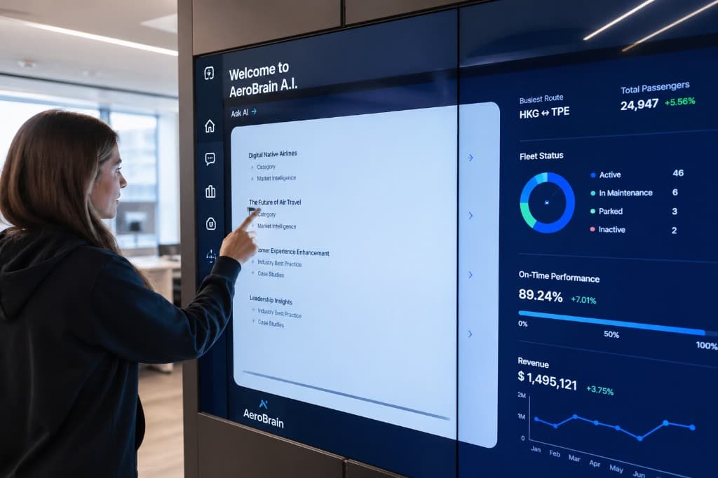 AeroBrain.ai digital-native airline command wall showing operational AI intelligence and fleet performance dashboards
